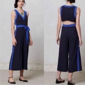Anthropologie Navy Jumpsuit with Royal Blue Trim